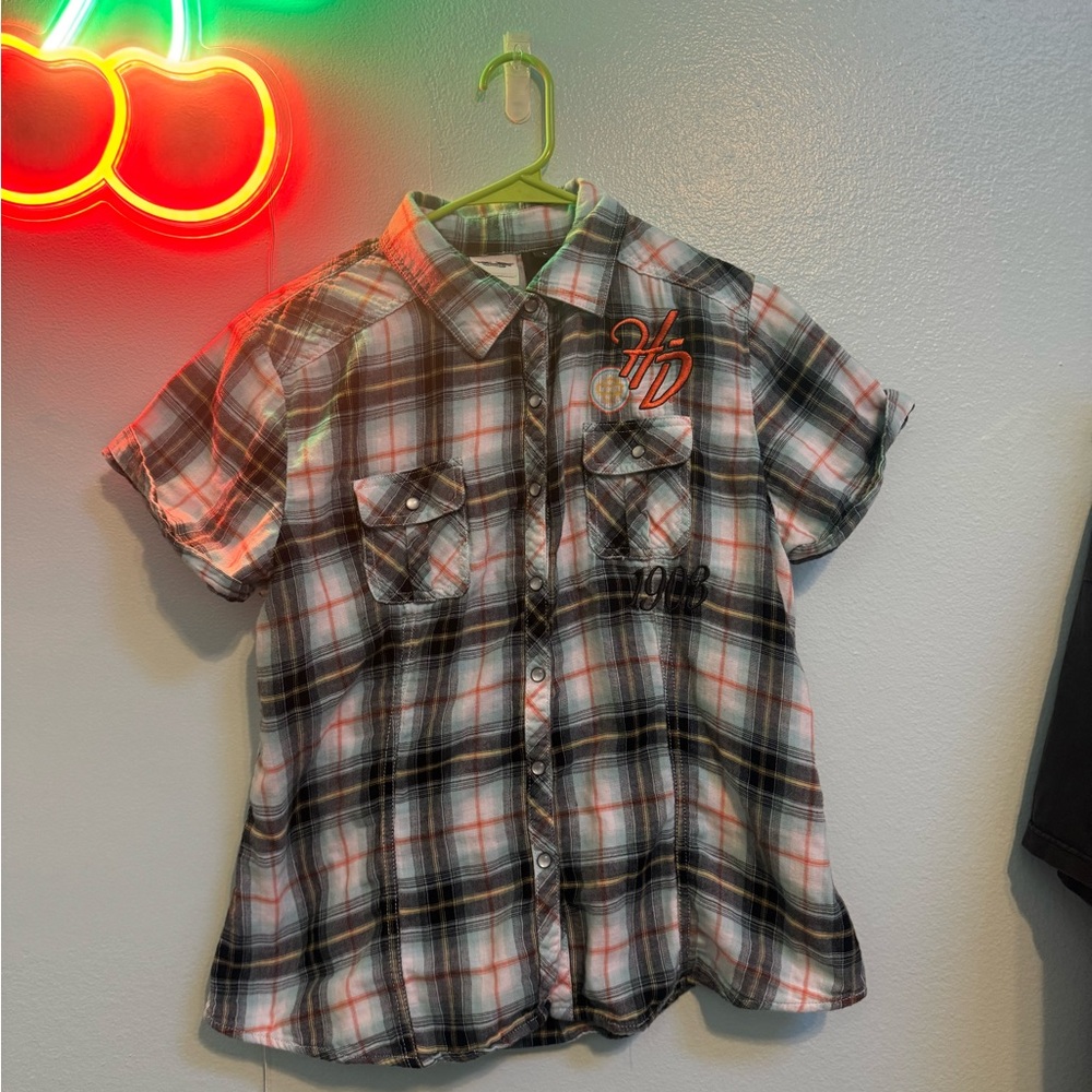 Harley Davidson Short-Sleeve Plaid Button-Up Shirt in Black, White & Orange